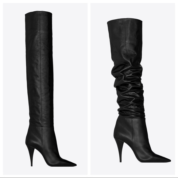 Saint Laurent Tall Slouch Leather Boots Black Knee High YSL 37 - Picture 3 of 16